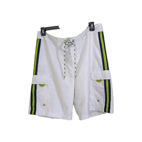 Vintage Old Navy Mens White Board Swim Shorts Size L Black Green Stripes Cargo - Picture 1 of 5